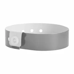 Vinyl security wristband in silver, 10 inches long and 3/4 inch wide, with no printed legend. Supplied in a 500-pack. Suitable for temporary identification and access control in events, healthcare, and other high-volume applications.