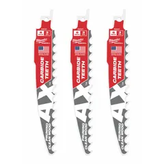 This 3-pack of reciprocating saw blades is designed for cutting and pruning wood. Each blade has 3 teeth per inch, a 6-inch length, and 0.05-inch thickness. The rigid body supports straight cuts, while the curved profile aids in fast, rough cuts in lumber and tree branches.