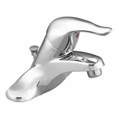 Centerset bathroom faucet with low arc design, constructed of brass with chrome finish. Includes mounting hardware. Flow rate of 1.2 gpm. Suitable for residential bathroom sinks and standard vanity installations.
