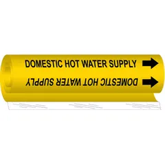Yellow wrap-around pipe marker with black legend reading 'Domestic Hot Water Supply' and directional arrows. Fits pipe outer diameters from 1-1/2 to 2-3/8 inches. Used to identify domestic hot water supply lines in industrial and commercial piping systems.
