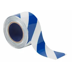 This striped blue/white polyester tape is designed for general purpose floor marking in industrial facilities. It measures 3 inches wide by 100 feet long with an 8 mil thickness and has no message legend. The high-visibility pattern helps mark aisles, hazard areas, and storage zones to organize workflow and support safety compliance.