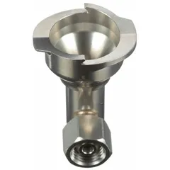 Stainless steel S24 adapter for connecting PPS series disposable cups to spray guns. Features a 1/4 in thread size. Used in painting applications to enable quick cup changes and reduce solvent waste.