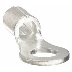 Non-insulated ring terminal with serrated barrel for secure conductor grip. Accepts 14 AWG to 10 AWG wire, fits 1/4 in stud, rated 2,000 V. Suitable for power distribution and equipment wiring requiring vibration-resistant connections.