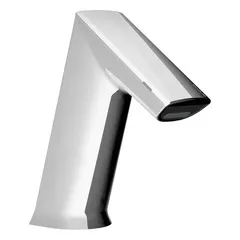 This single-post sensor faucet features a cast zinc body with chrome finish and aerated flow. It is hardwired with a battery backup using four AA alkaline batteries. Suitable for commercial restroom applications requiring touch-free operation.