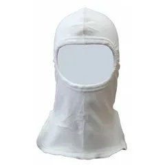 This Category 2 balaclava is constructed from 6 oz white Nomex and features a slip-on closure. It covers the head while leaving the eyes exposed for visibility. Designed for protection against arc flash thermal hazards in industrial electrical work.