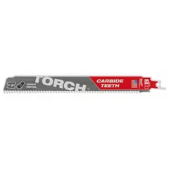 Carbide reciprocating saw blade for thick-metal cutting. 9-inch length, 0.05-inch thickness, 7 teeth per inch. Rigid design with straight tooth configuration for straight cuts in steel, iron, and heavy-gauge materials.