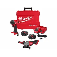 This combination kit includes an M18 FUEL angle grinder (2880-20) and an M18 FUEL impact driver (2953-22), both powered by 18 V DC. The angle grinder is used for cutting and grinding metal and masonry, while the impact driver provides high torque for fastening screws and bolts. Suitable for metal fabrication, construction, and maintenance tasks.