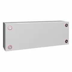 Steel enclosure with solid cover and mini cam lock. Light gray finish. Measures 5 x 15 x 5 inches. NEMA 12 rated for indoor protection against dust, falling dirt, and dripping non-corrosive liquids.