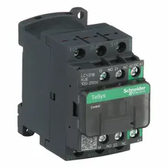 Non-reversing IEC contactor with 3 poles and 3 normally open contacts, rated 18 A. Coil accepts 120V AC or 240V AC. Suitable for switching motors, lighting, and heating loads in industrial control circuits. No integrated surge suppression.