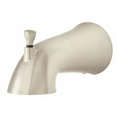 Metal bathtub spout with pull-up diverter for directing water to a showerhead. Features a 1/2-inch slip-fit connection and 6 1/8-inch spout reach. Brushed nickel finish. Suitable for residential or commercial bathing applications.