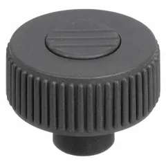 Knurled knob with threaded hole for manual adjustment and clamping on machinery, jigs, and fixtures. Gray plastic body with steel thread insert. Diameter 40 mm, thread 5/16-18, thread length 14 mm.