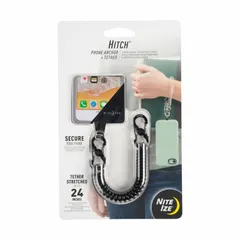 This universal phone anchor tether secures a cell phone to a belt or waistband. Made of impact-resistant plastic, it includes a coiled tether with two Microlocks. Compatible with both corded and wireless charging. Suitable for use in work or outdoor environments where preventing phone drops is needed.
