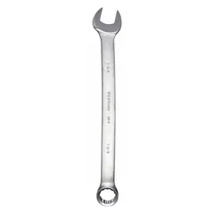 This SAE 12-point combination wrench is made of alloy steel with a satin finish. It has a 1 5/8 in head size and a 21 1/4 in overall length with an offset design. The wrench is used for tightening or loosening fasteners in applications such as industrial maintenance, automotive repair, and mechanical assembly.