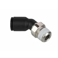 This LEGRIS tube fitting is a push-fit elbow with a 1/4 in BSPT male thread and a 10 mm push-to-connect port. Constructed from nylon and nickel-plated brass in black, it is used to connect 10 mm OD tubing to threaded ports in pneumatic systems