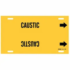 Yellow strap-on pipe marker with black 'Caustic' legend and directional arrows. Fits pipe outer diameters from 6 to 7-7/8 inches. Used to identify piping systems carrying caustic substances in industrial facilities.