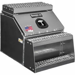 Silver aluminum step box with a single flip-up door, keyed lock, and T-handle latch. Overall dimensions: 22 in wide, 24 in high, 28 in deep. Designed for secure storage and step access on service trucks, work vans, and fleet vehicles.