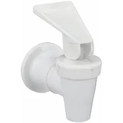 This white plastic water dispenser spout features a 3/8 in NPT inlet connection. Designed as a replacement component for water coolers, it directs water flow from the reservoir to the user.