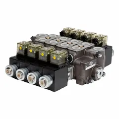 This stack valve working section is a four-way, three-position directional control valve with a maximum flow rate of 13 gpm. It features electrical actuation and a spring center to neutral spool action, with work port connections. Typical applications include mobile equipment, material handling, and automation systems requiring precise directional control of hydraulic fluid.