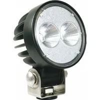 Round LED floodlight with black housing, surface-mount design, and pigtail electrical connection. Includes removable bracket for universal installation. Provides area illumination for work trucks, service vehicles, and off-road equipment