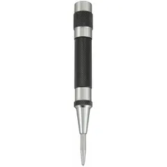 This automatic center punch features a knurled grip and box-type design with a 5/8 in shank diameter, 6 in overall length, and 1 in taper length. It is used to create precise dimples on metal, plastic, or wood surfaces to guide drill bits in machining, fabrication, and maintenance tasks.