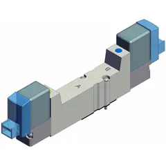 This SMC SYJ3000 series directional control valve is a five-way, closed center position, single solenoid valve operating on 24V DC. It features a die cast zinc body and plug-in connection. Typical applications include directing compressed air in pneumatic actuators, packaging machinery, and assembly lines where a fail-safe closed center position is required.