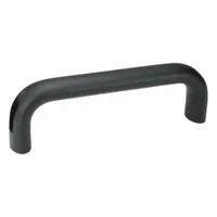This corrosion-resistant load-rated pull handle is made of aluminum with a black finish. It features unthreaded holes with a 4.57 in mounting hole center-to-center distance and accepts a 1/4 in screw size. Suitable for industrial enclosures, machinery doors, and heavy-duty access panels requiring a secure grip