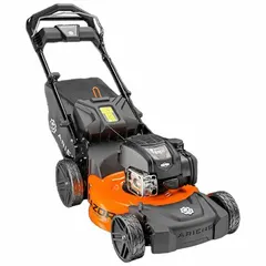 This gas-powered lawn mower features a 21-inch steel deck with bag and side discharge options. The self-propelled drive offers variable speed settings, and the four-point cutting height adjustment allows for precise grass cutting. Suitable for residential lawn care on medium to large properties.