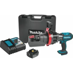 This MAKITA cordless rebar cutter is a bare tool (battery and charger sold separately) designed for shearing rebar up to #6 size. It operates on 18V DC and has a maximum cutting depth of 3/4 in. The tool is suitable for cutting rebar in construction, concrete reinforcement, and infrastructure applications.