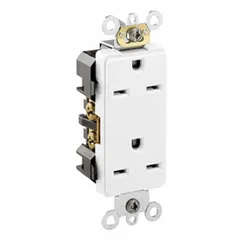 General purpose duplex receptacle rated 250V AC, 15A, NEMA 6-15 configuration, 2-pole/3-wire. White thermoplastic body for standard wall-box installation. Suitable for powering equipment in commercial and industrial environments requiring 250V outlets.