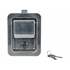 Steel paddle latch with silver finish, designed for securing truck storage boxes. Overall height of 4-3/4 inches. Includes keys. Compatible with manufacturer model number L398022.