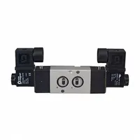 Double solenoid NAMUR valve with 4 ports, 1/4 in NPT inlet and outlet connections, operating on 220V AC. Suitable for pneumatic or hydraulic directional flow control in industrial automation systems, including actuation of quarter-turn valves