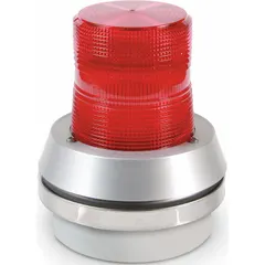 This horn alarm with strobe light provides audible and visual signaling for fire or process alarm applications. It operates at 120VAC and features an LED light source. The unit includes a junction box base with a conduit hole connection for conduit mounting. Overall height is 7 3/8 in and overall diameter is 6 in.