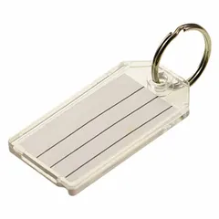 Pack of 20 rectangle key tags made of clear plastic with blank labels. Each tag has a 1 1/8 in overall height and includes inserts for custom labeling. Suitable for organizing and identifying keys in industrial facilities, maintenance shops, and warehouses.