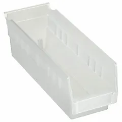 This clear plastic shelf bin is designed for organizing small parts and components on shelving in warehouses, workshops, and industrial facilities. It measures 4 1/8 in x 4 in with an overall length of 11 5/8 in. The bin is nesting capable for space-saving storage when not in use, and it is not hangable. It does not include dividers and is not electrostatic discharge conductive.
