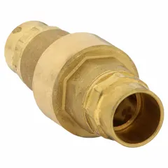 This lead-free brass inline disc check valve prevents backflow in plumbing systems. With a 3/4 in pipe size and sweat x sweat connections, it is suitable for potable water, heating, and other applications requiring one-way flow. The compact inline valve body is made of brass with female sweat ends.