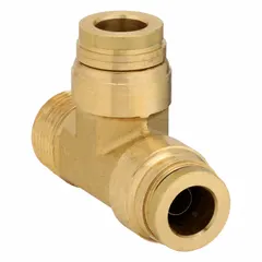 Brass push-to-connect tee fitting with two 1/2 in OD push-to-connect ports and one 1/4 in male NPT threaded port. Used to branch or distribute compressed air in pneumatic and air-brake systems, providing tool-free, leak-resistant connections.