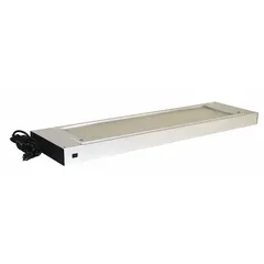 This overhead lighting and mounting frame kit features a 36-inch wide white steel frame with an 8-inch overall depth. It is designed for use in industrial workstations, assembly lines, and inspection areas to provide shadow-reducing illumination for precision tasks.