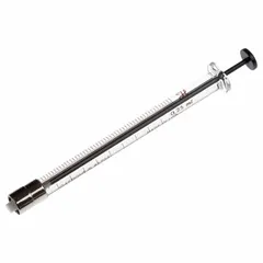 Gastight syringe with 250 µL capacity, borosilicate glass barrel, PTFE plunger and tip, and removable needle with metal hub. Sterile and individually packaged, includes needles. Suitable for precise liquid handling in analytical applications such as gas chromatography.
