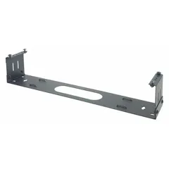 This hinged wall bracket is constructed from steel with a black finish. It has an overall width of 19 1/2 inches and a depth of 3 13/16 inches. Mounting hardware is included. Typical use includes cable management in rack-width wall-mount installations for IT or AV equipment.