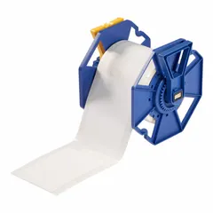 Acrylic label roll with aggressive permanent adhesive, inkjet print-receptive. Size 4 21/64 in x 2 61/64 in. Compatible with J7300 printer series. Used for industrial identification and labeling.