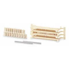 This wiring block provides 100 slots for 110-style termination of Category 5e cable. It features attached legs and includes 24 clips configured as 4/5 pair type. Used for organizing and terminating voice and data cabling in structured cabling systems.