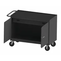 This mobile cabinet bench is fully assembled with a rubber work surface and storage drawers. It features a side handle for repositioning and supports up to 3600 lb overall load. Suitable for industrial workshops and maintenance areas requiring mobile storage and work space.