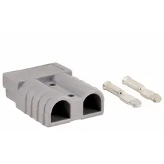 This plug-in connector accepts wire gauges from 12 ga to 10 ga and is rated for a maximum current of 50A. The gray housing provides a straightforward connection for power distribution and machinery hookups.