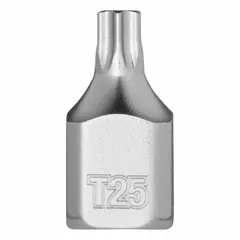 This Torx bit socket features a T25 tip size and a fixed insert design. With a 1/4 in drive size and 51/64 in overall length, it is used for driving Torx fasteners in assembly, maintenance, and repair tasks.