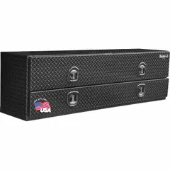 This dual flip-up drop-down door topside box from BUYERS PRODUCTS provides secure, organized storage for tools and equipment on commercial trucks. It features a T-Handle compression latch and keyed lock for weather-resistant access. The gloss black finish and 96 in overall width accommodate large items.