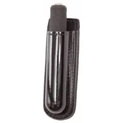 This duty equipment pouch is constructed from black synthetic polymer with a high-gloss finish. Designed to fit belts up to 2 1/4 inches wide, it is suitable for carrying a baton in professional security and law enforcement applications.