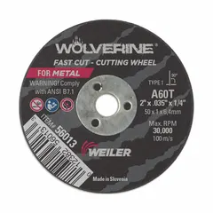 This Type 1 cut-off wheel is constructed with aluminum oxide and 60 grit for cutting carbon and stainless steel. Dimensions are 2" diameter, 0.035" thickness, and 1/4" arbor hole. Suitable for general purpose cutting in fabrication, maintenance, and repair applications.