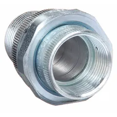 Steel straight union for connecting conduit to a box. Electroplated finish. 1 in FNPT x 1 in MNPT threaded ends. Used in conduit systems to join a female NPT hub to a male NPT conduit entry.