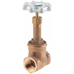 This 1/4 in bronze gate valve features a rising stem and solid wedge design, with FNPT x FNPT connections. Rated for 300 psi CWP, it is operated by a wheel and includes a bronze wedge and bonnet. Suitable for potable water systems where full open or full shut-off is required.