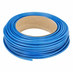Polyurethane tubing with 3/8 in inside diameter and 1/2 in outside diameter, supplied in a 250 ft length. Blue color, Shore A 90 to 95 hardness, rated for maximum operating pressure of 110 psi at 180°F. Suitable for pneumatic and fluid transfer applications in industrial automation and machinery.